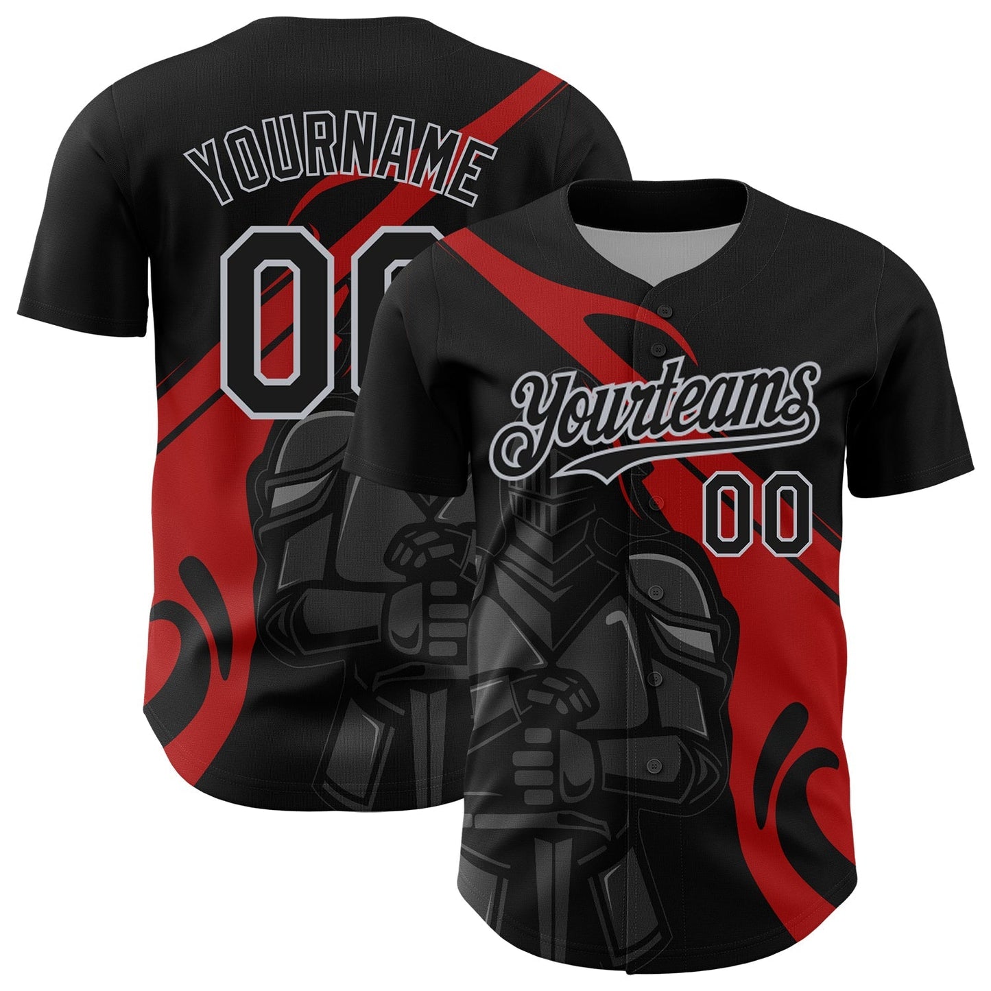 Custom Black Red-Gray 3D Pattern Design Knight Hero Art Authentic Baseball Jersey baseball jersey product view 1