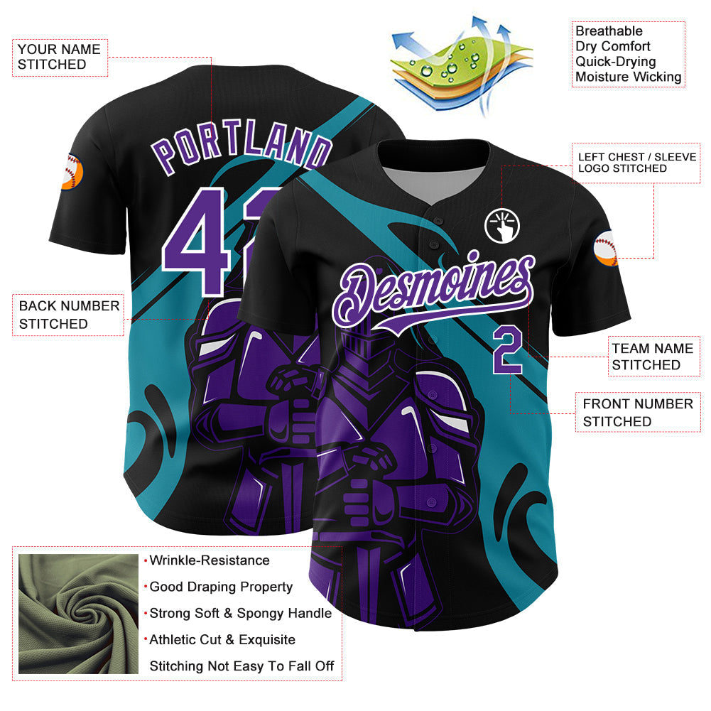 Custom Black Purple-Teal 3D Pattern Design Knight Hero Art Authentic Baseball Jersey baseball jersey product view 3