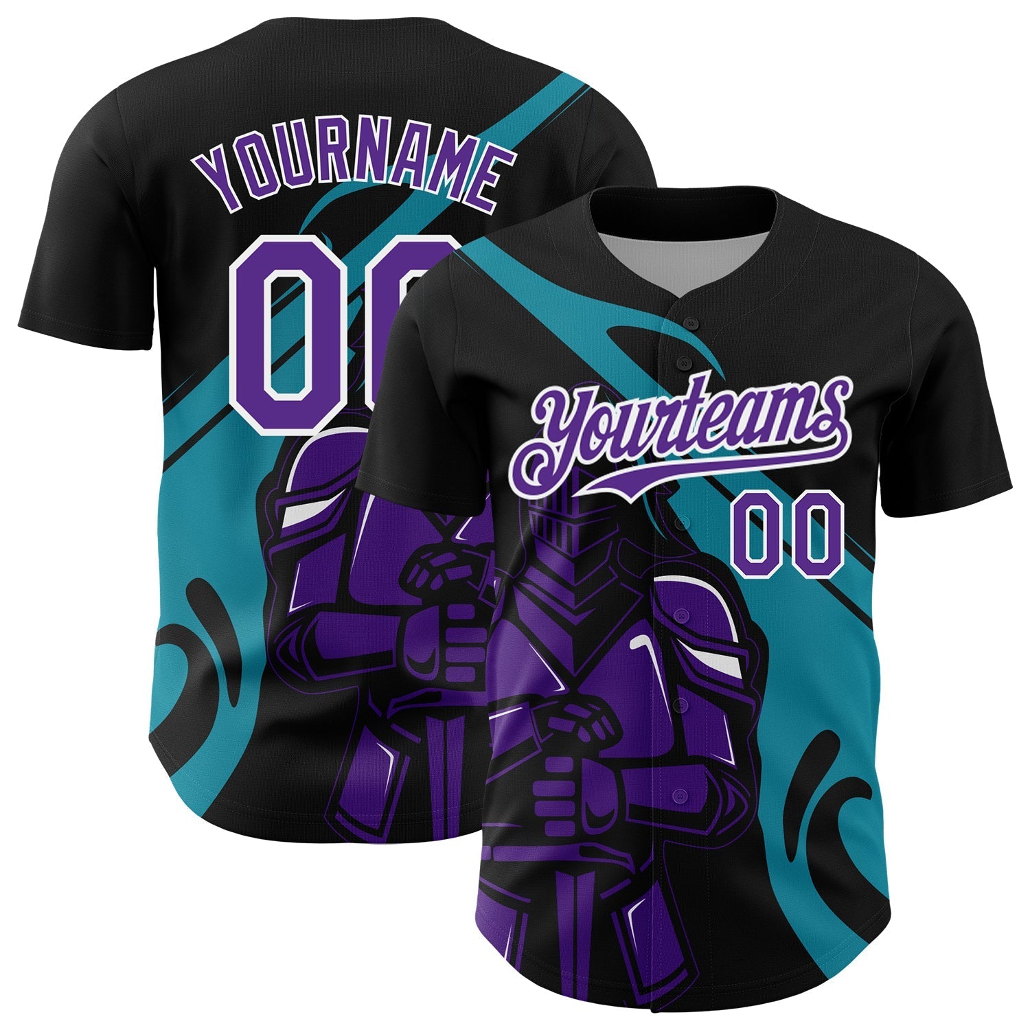 Custom Black Purple-Teal 3D Pattern Design Knight Hero Art Authentic Baseball Jersey baseball jersey product view 1