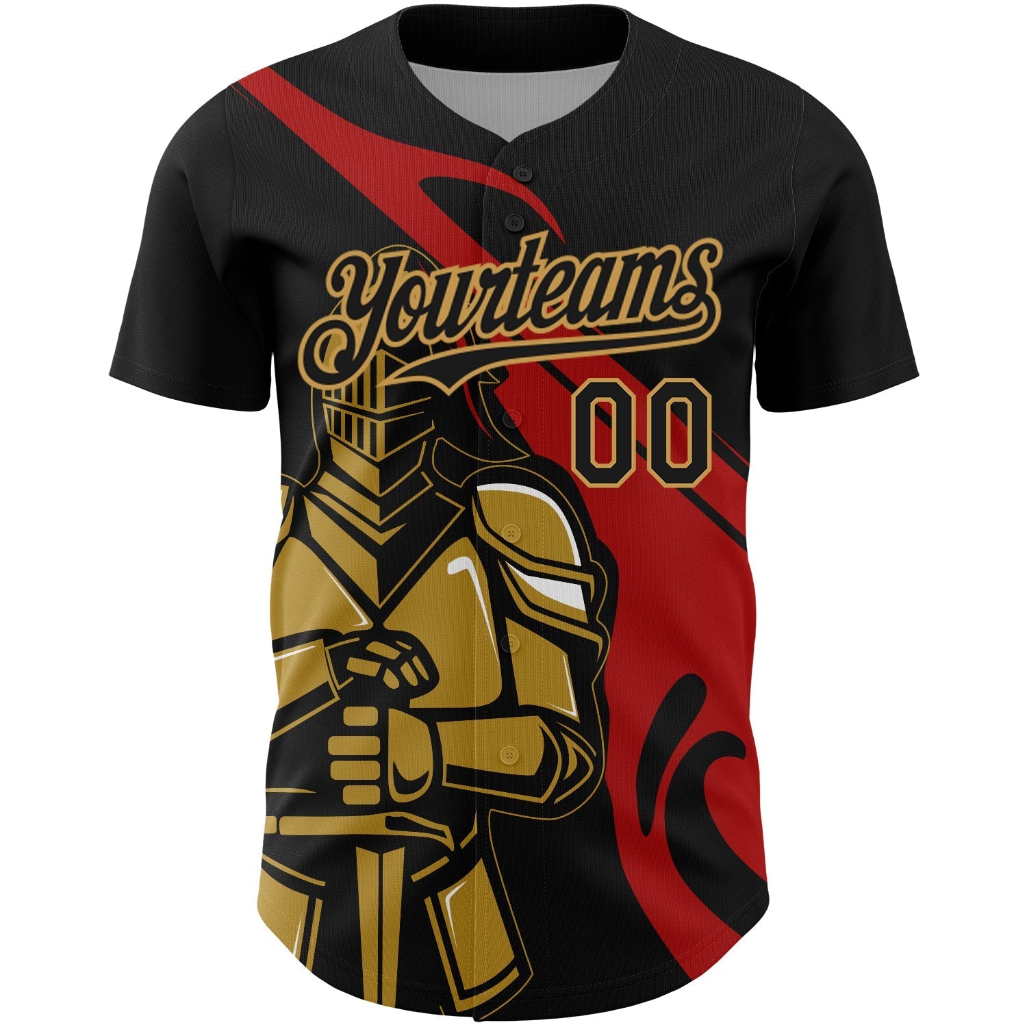 Custom Black Red-Old Gold 3D Pattern Design Knight Hero Art Authentic Baseball Jersey baseball jersey product view 2
