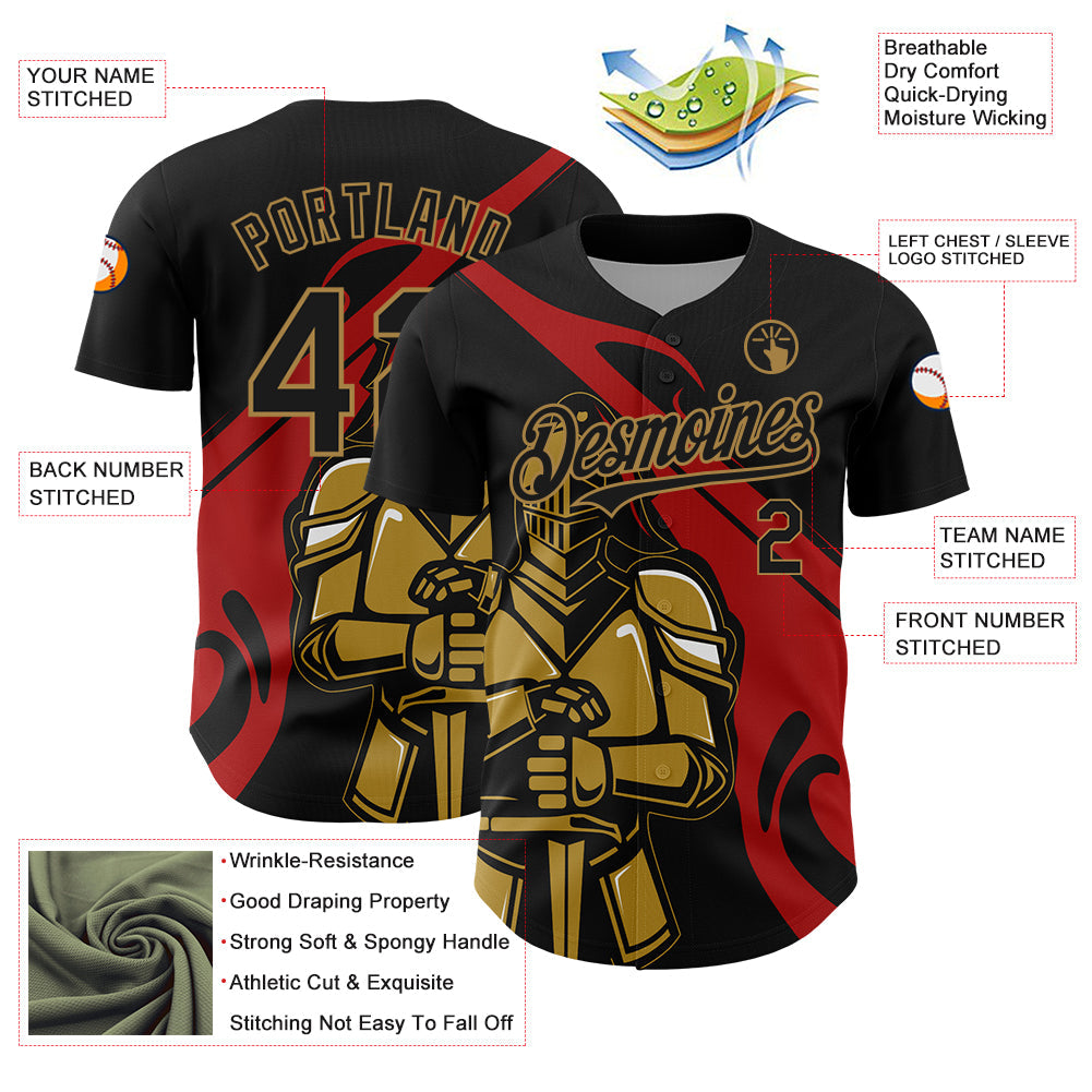 Custom Black Red-Old Gold 3D Pattern Design Knight Hero Art Authentic Baseball Jersey baseball jersey product view 3