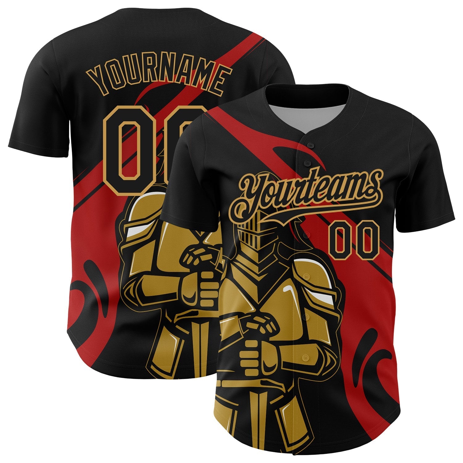 Custom Black Red-Old Gold 3D Pattern Design Knight Hero Art Authentic Baseball Jersey baseball jersey product view 1