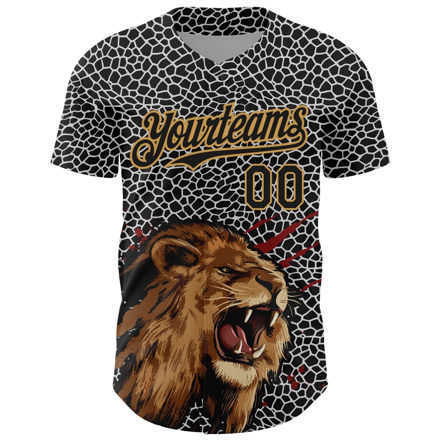 Custom Black Old Gold 3D Pattern Design Animal Lion Authentic Baseball Jersey baseball jersey product view 2