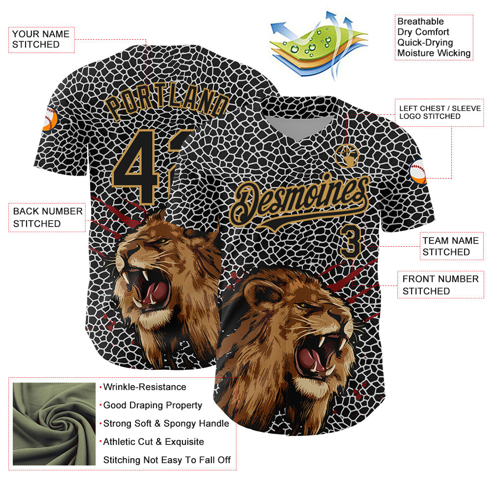 Custom Black Old Gold 3D Pattern Design Animal Lion Authentic Baseball Jersey baseball jersey product view 3