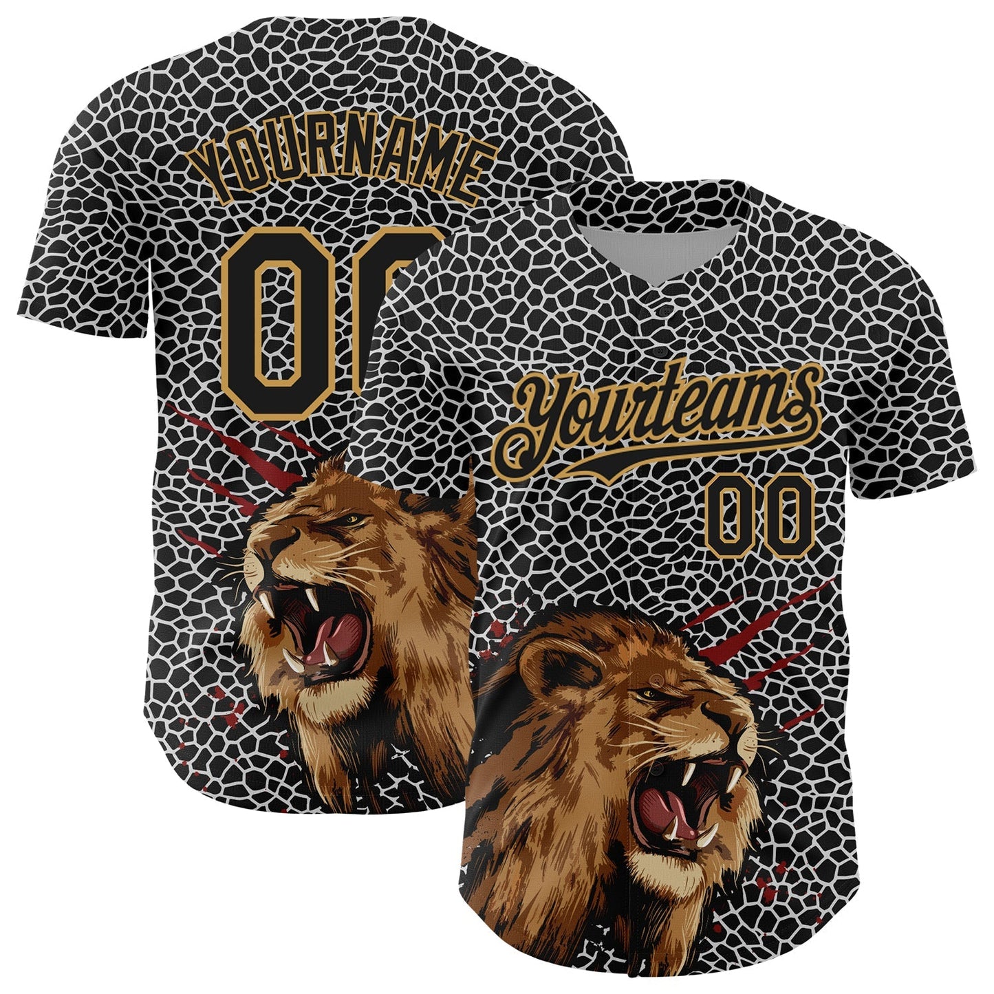 Custom Black Old Gold 3D Pattern Design Animal Lion Authentic Baseball Jersey baseball jersey product view 1