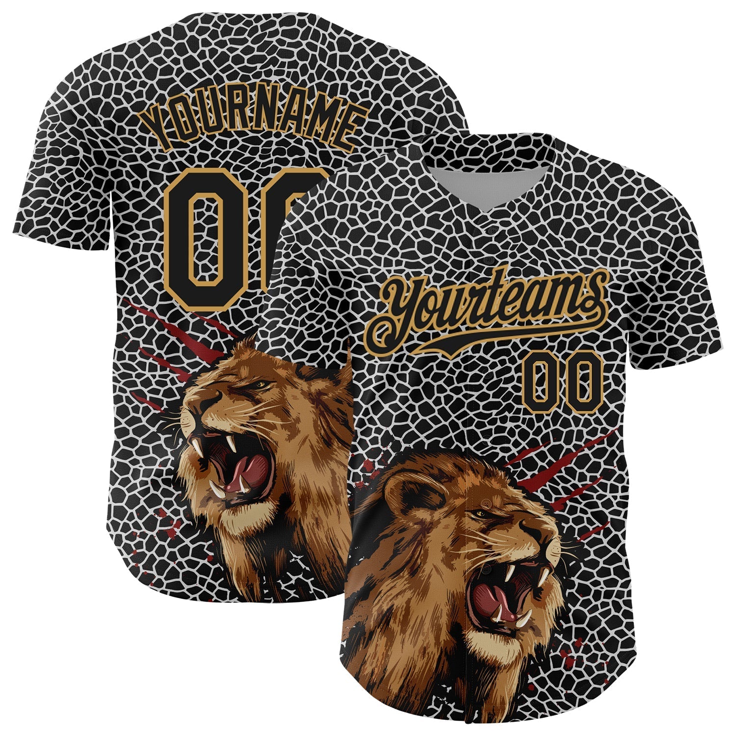 Custom Black Old Gold 3D Pattern Design Animal Lion Authentic Baseball Jersey baseball jersey product view 1