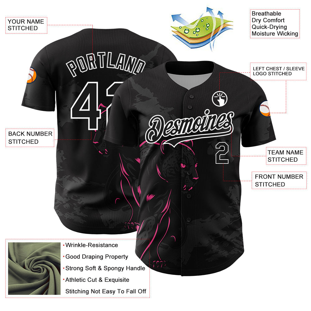 Custom Black Pink-White 3D Pattern Design Animal Panther Authentic Baseball Jersey baseball jersey product view 3