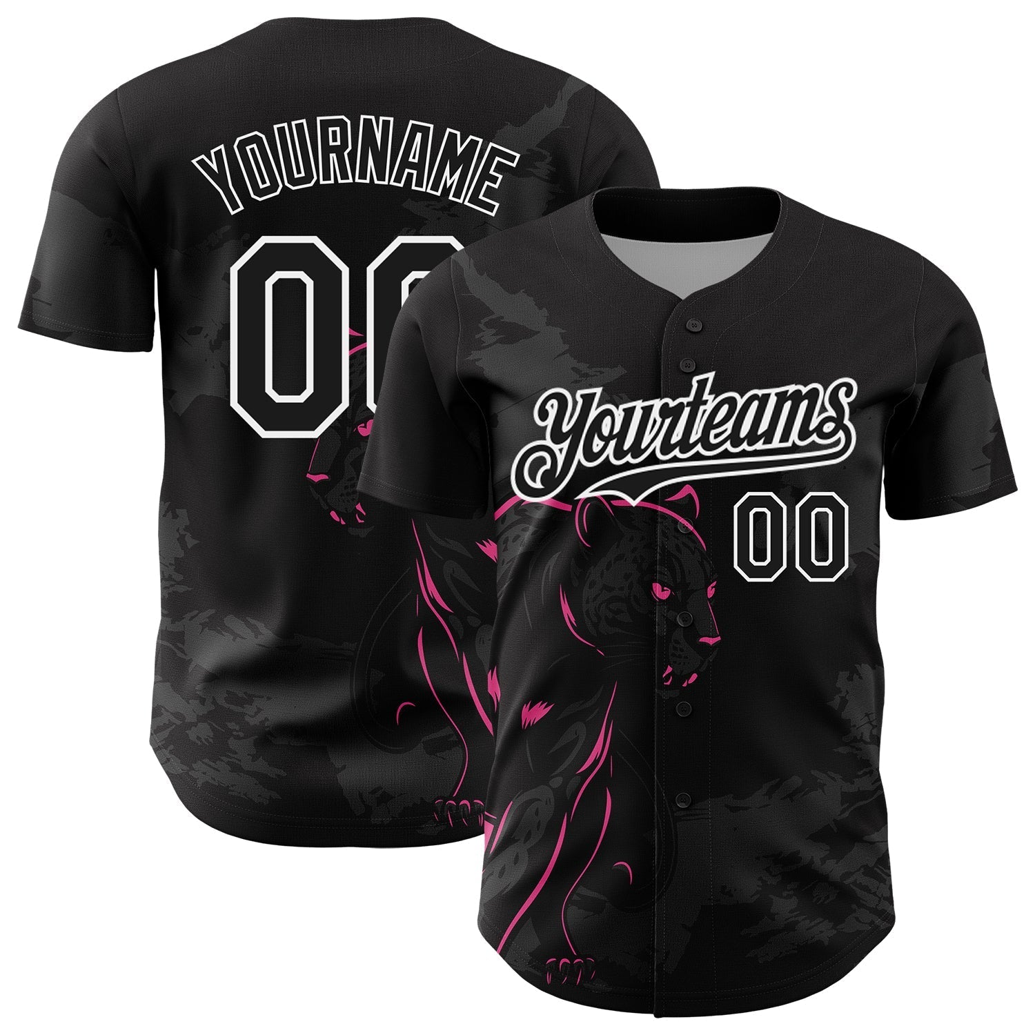 Custom Black Pink-White 3D Pattern Design Animal Panther Authentic Baseball Jersey baseball jersey product view 1