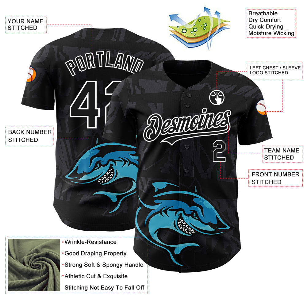 Custom Black White 3D Pattern Design Animal Shark Authentic Baseball Jersey baseball jersey product view 3