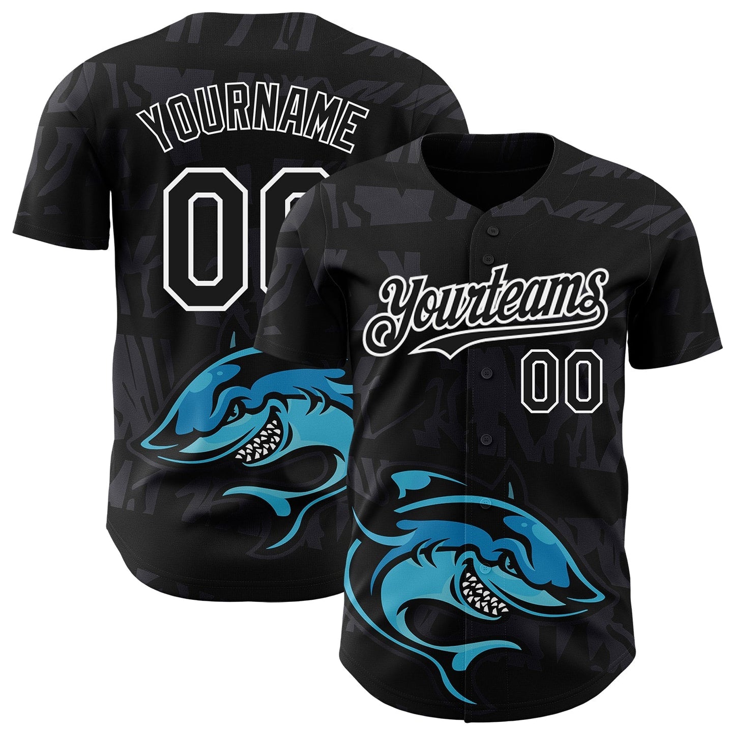 Custom Black White 3D Pattern Design Animal Shark Authentic Baseball Jersey baseball jersey product view 1