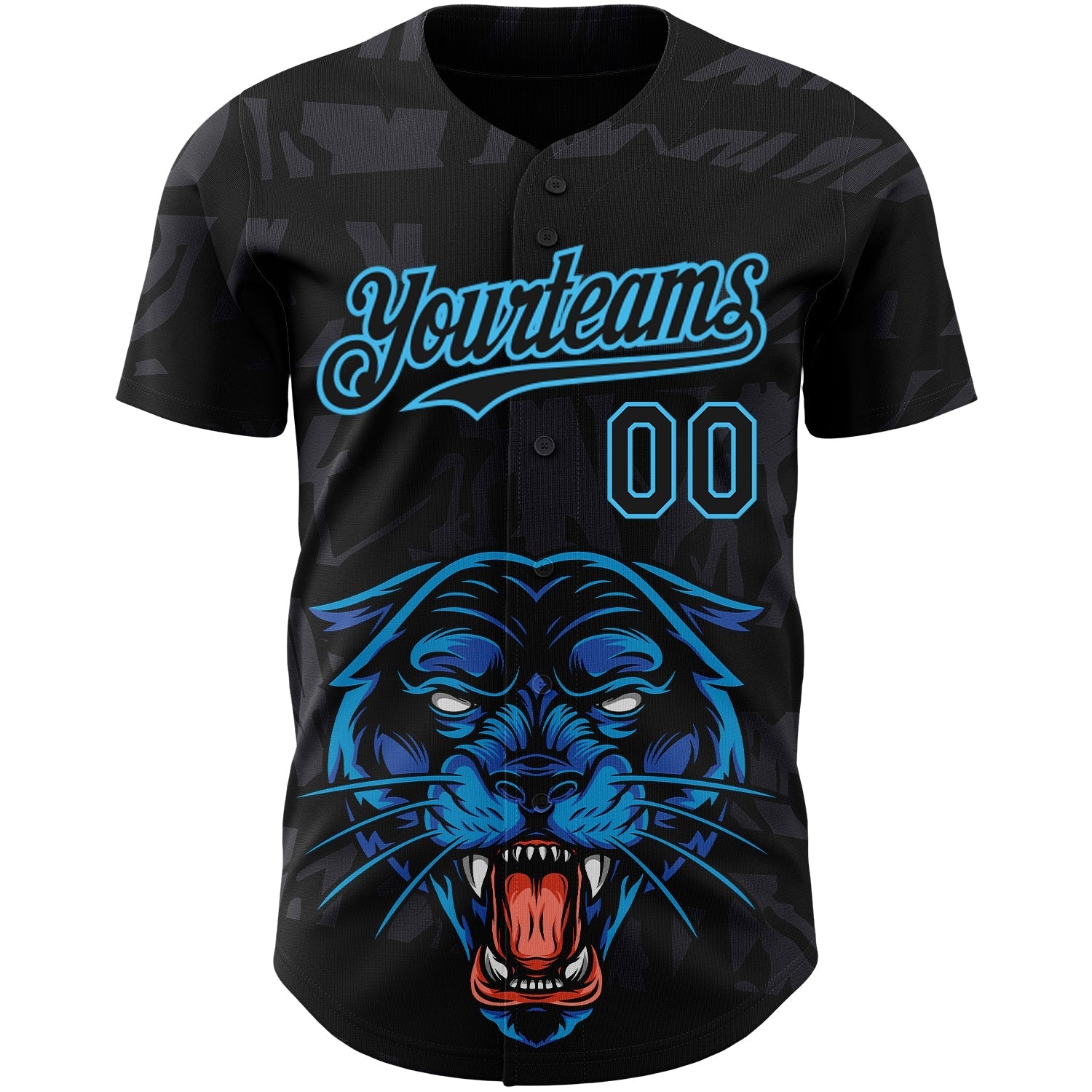 Custom Black Sky Blue 3D Pattern Design Animal Panther Authentic Baseball Jersey baseball jersey product view 2