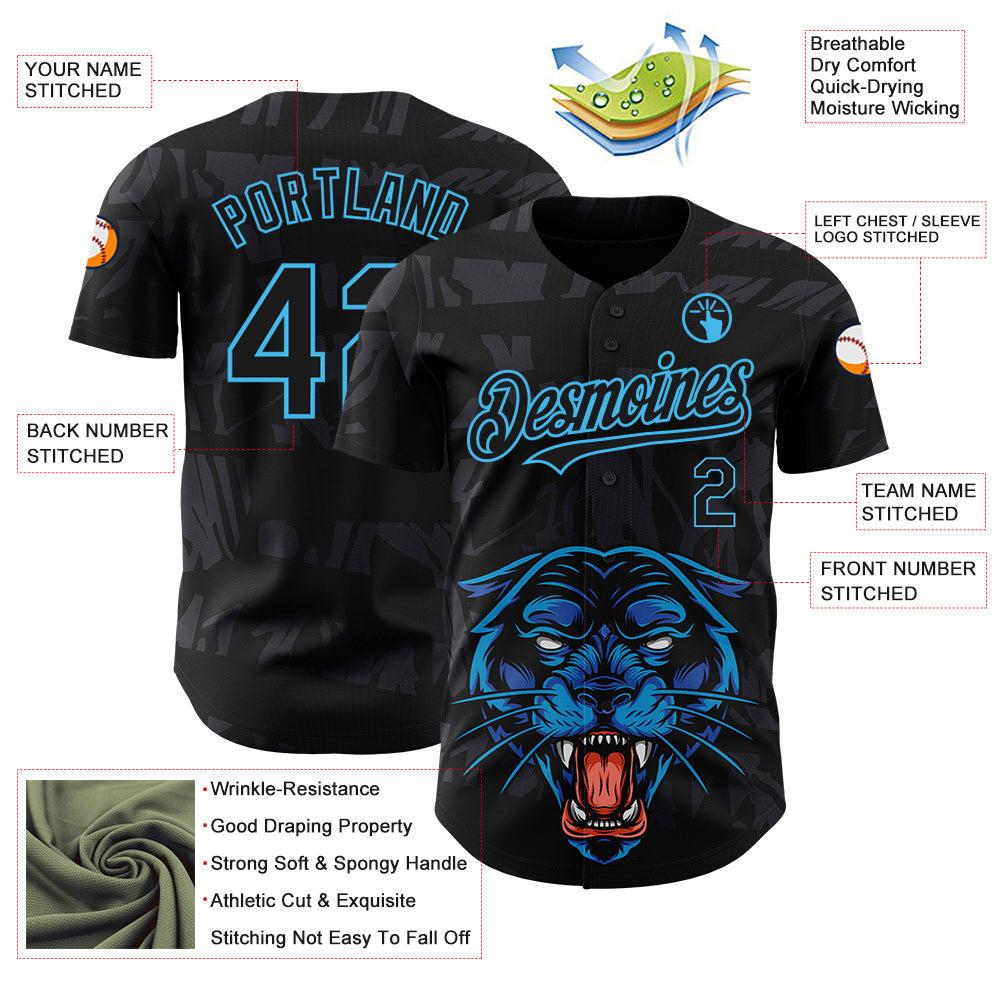 Custom Black Sky Blue 3D Pattern Design Animal Panther Authentic Baseball Jersey baseball jersey product view 3