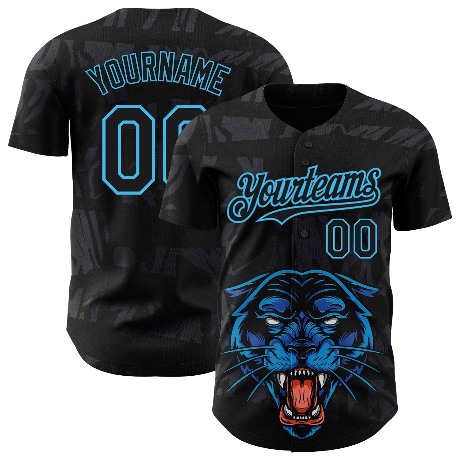 Custom Black Sky Blue 3D Pattern Design Animal Panther Authentic Baseball Jersey baseball jersey product view 1