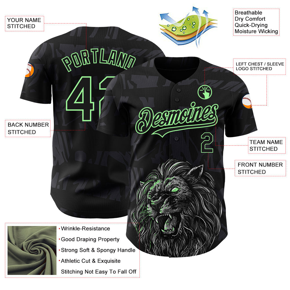 Custom Black Pea Green 3D Pattern Design Animal Lion Authentic Baseball Jersey baseball jersey product view 3