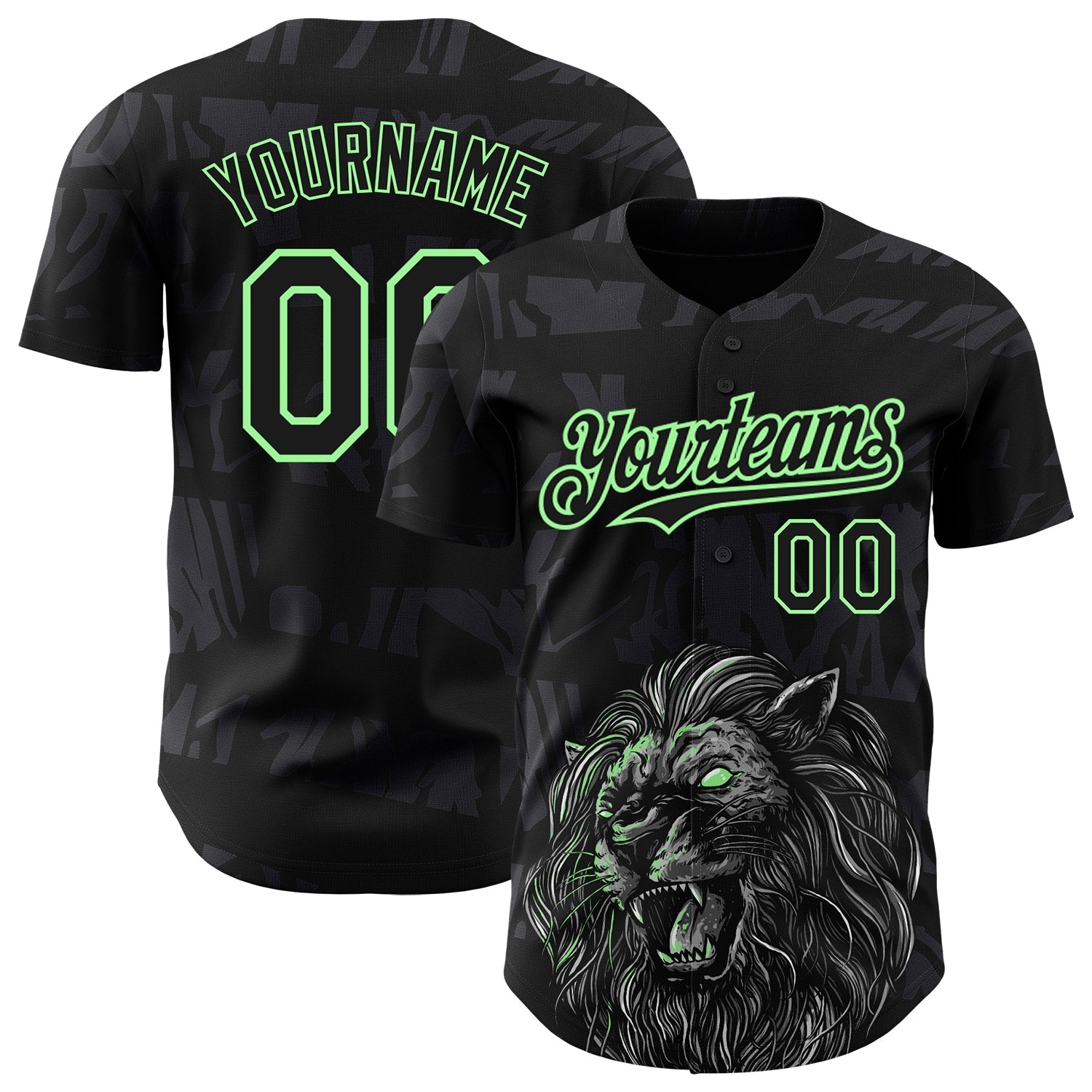 Custom Black Pea Green 3D Pattern Design Animal Lion Authentic Baseball Jersey baseball jersey product view 1