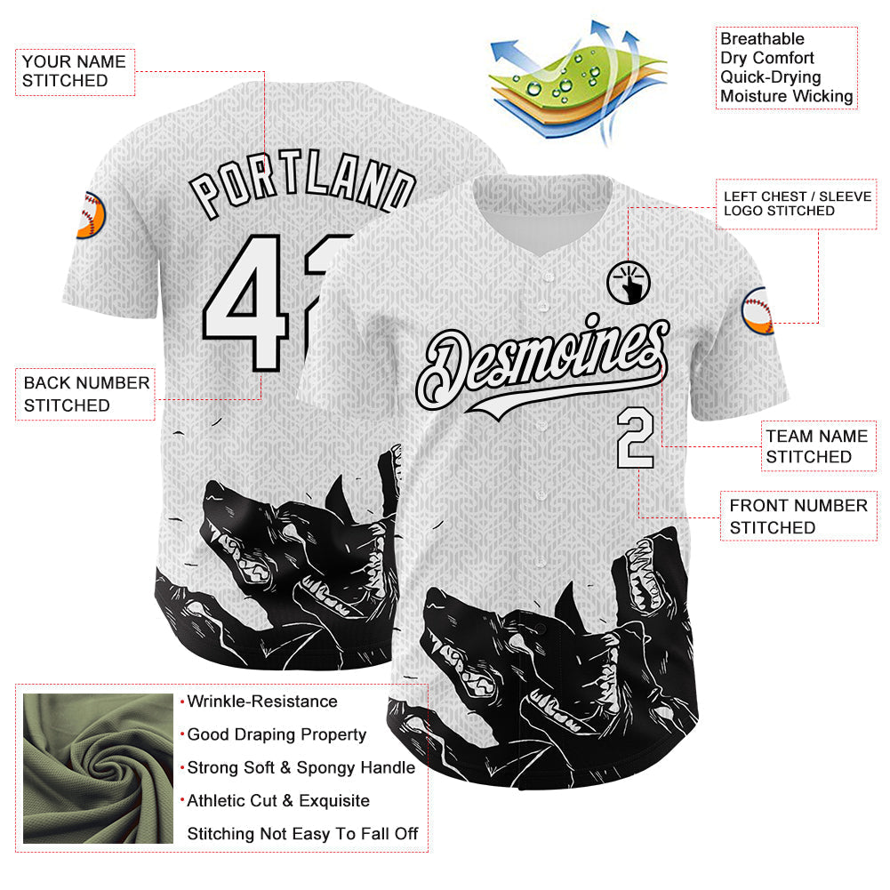 Custom White Black 3D Pattern Design Animal Wolf Authentic Baseball Jersey baseball jersey product view 3