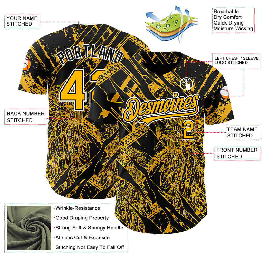 Custom Black Gold-White 3D Pattern Design Animal Eagle Authentic Baseball Jersey baseball jersey product view 3