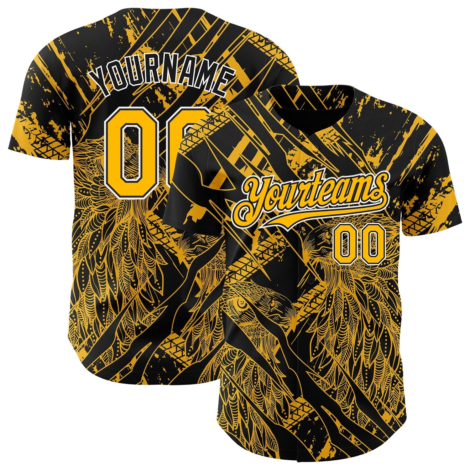 Custom Black Gold-White 3D Pattern Design Animal Eagle Authentic Baseball Jersey baseball jersey product view 1