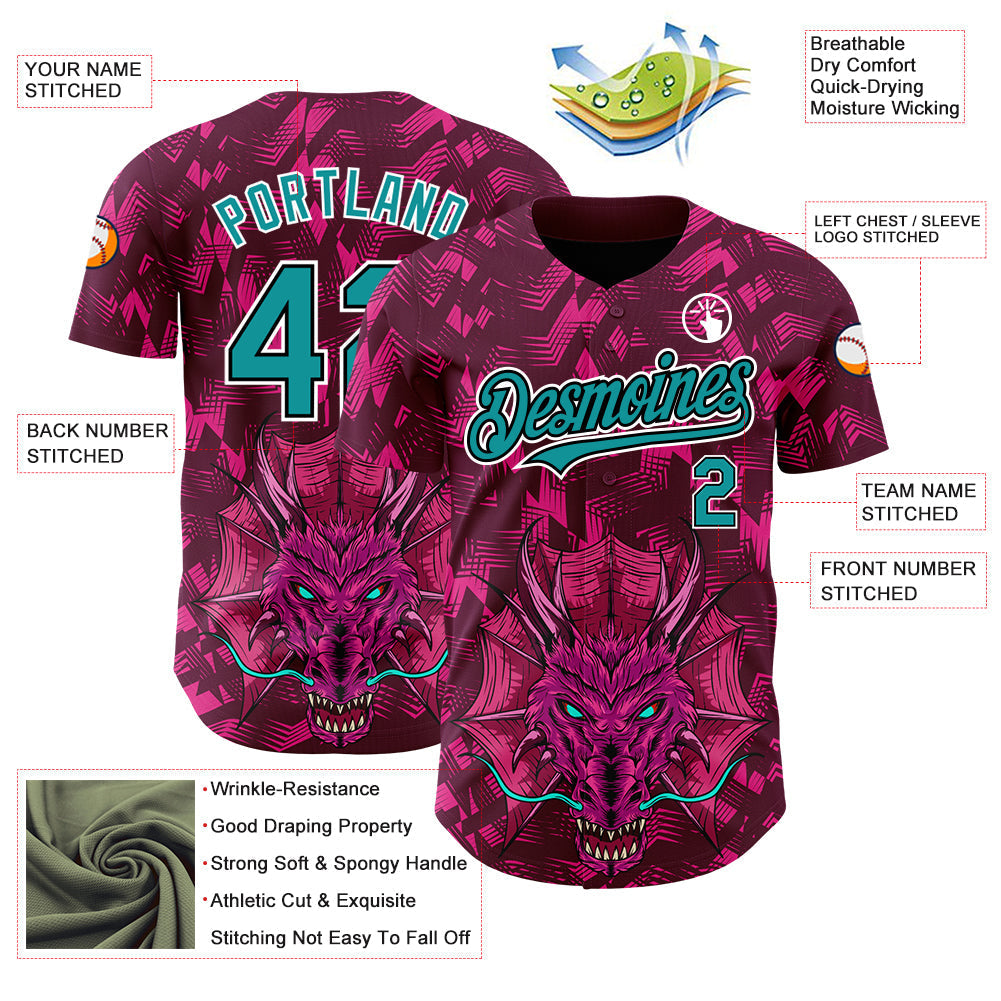 Custom Crimson Teal-Black 3D Pattern Design Animal Dragon Authentic Baseball Jersey baseball jersey product view 3