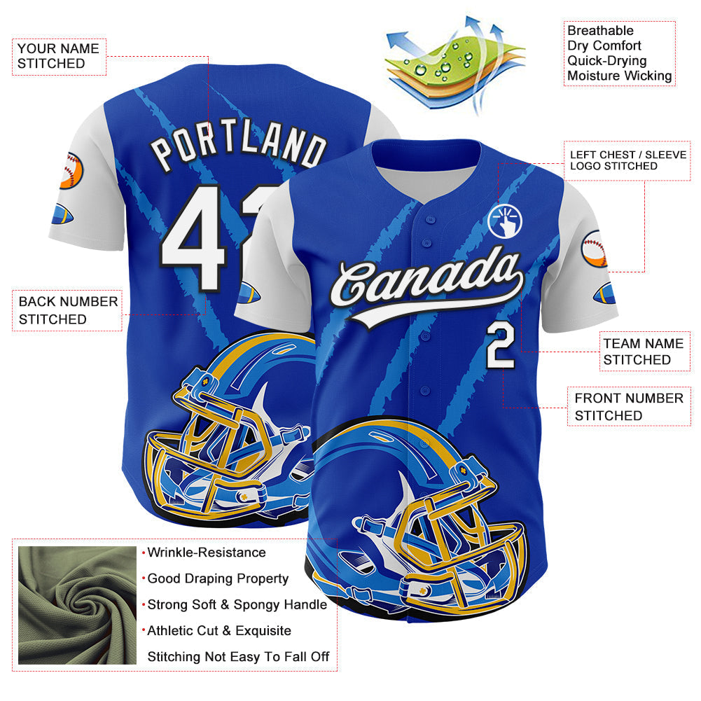 Custom Thunder Blue White-Black 3D Pattern Design Football Helmet And Animal Claw Authentic Baseball Jersey football jersey product view 3