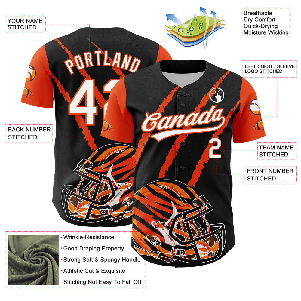 Custom Black White-Orange 3D Pattern Design Football Helmet And Animal Claw Authentic Baseball Jersey football jersey product view 3