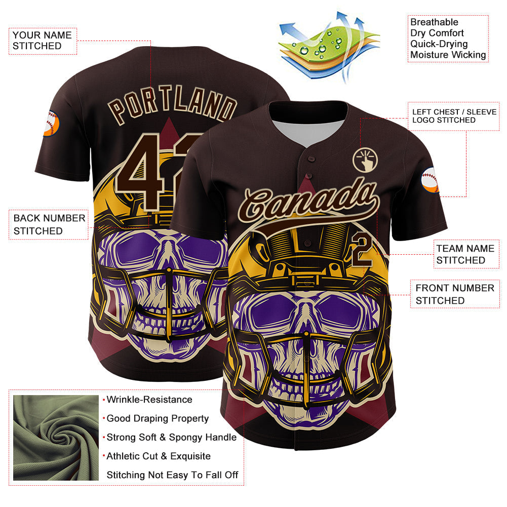 Custom Brown Cream 3D Pattern Design Football Skull Helmet Authentic Baseball Jersey football jersey product view 3