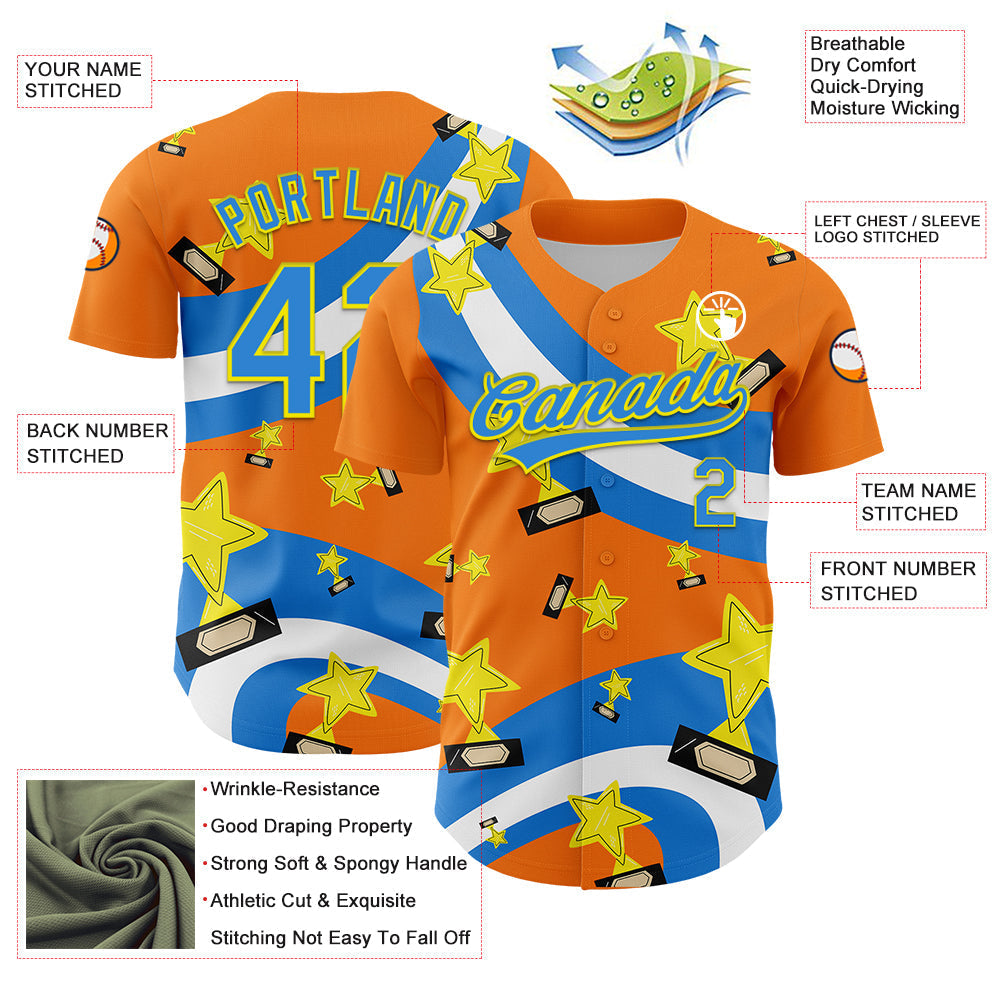 Custom Bay Orange Electric Blue-Light Yellow 3D Pattern Design Champion Trophy Authentic Baseball Jersey baseball jersey product view 3
