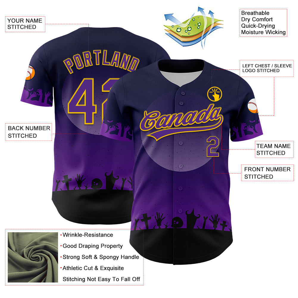 Custom Black Purple-Yellow 3D Pattern Halloween Skull Authentic Baseball Jersey baseball jersey product view 3