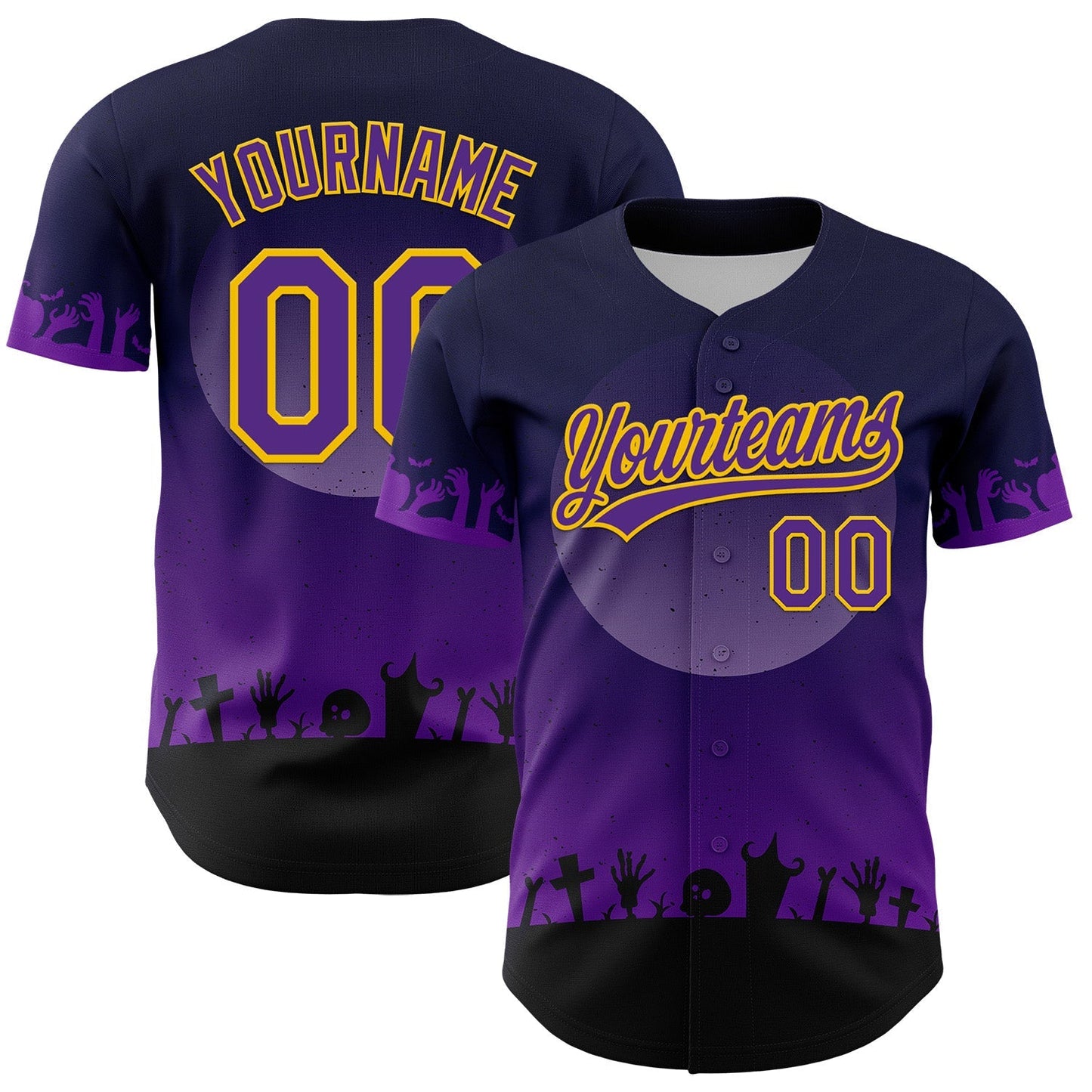 Custom Black Purple-Yellow 3D Pattern Halloween Skull Authentic Baseball Jersey baseball jersey product view 1