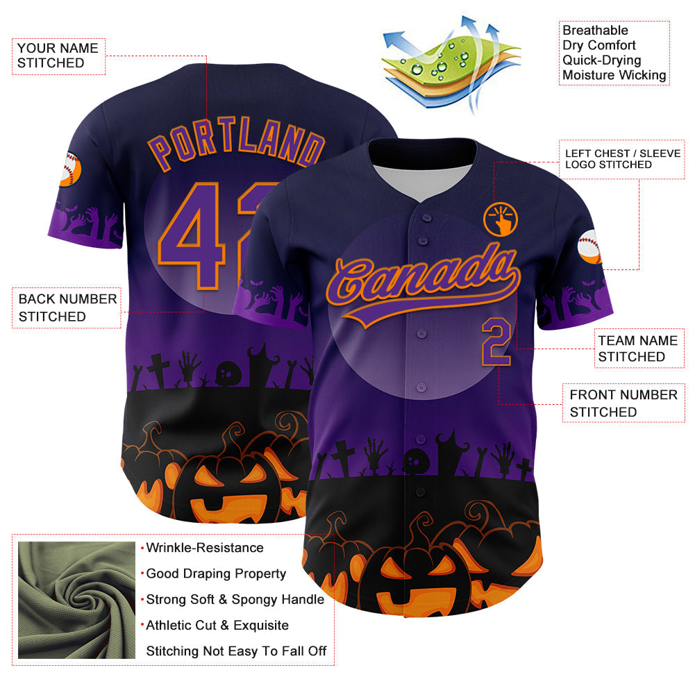 Custom Black Purple-Bay Orange 3D Pattern Halloween Skull Authentic Baseball Jersey baseball jersey product view 3