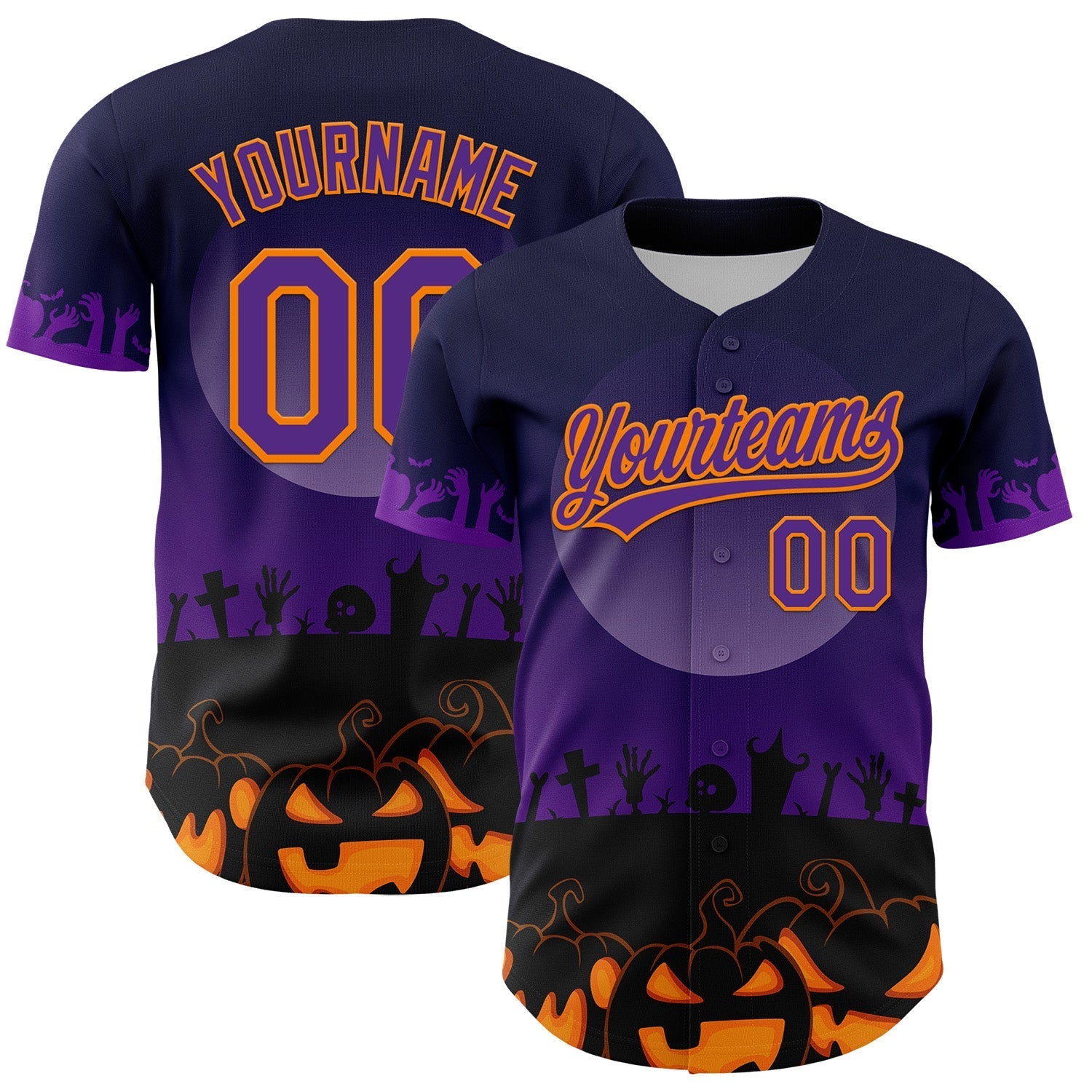 Custom Black Purple-Bay Orange 3D Pattern Halloween Skull Authentic Baseball Jersey baseball jersey product view 1