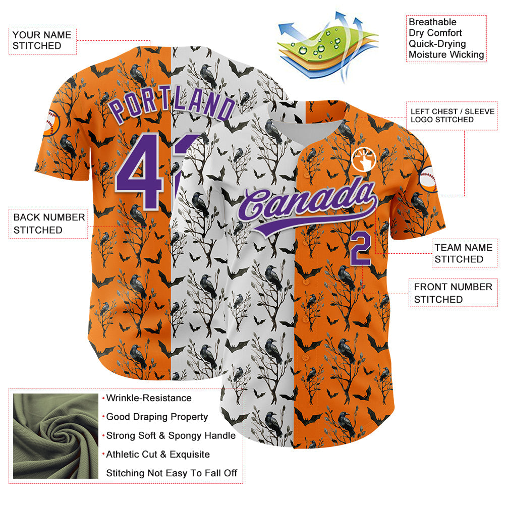 Custom Bay Orange Purple-White 3D Pattern Halloween Authentic Baseball Jersey baseball jersey product view 3