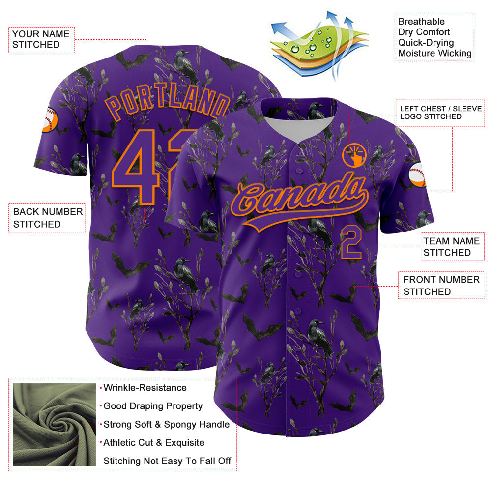 Custom Purple Bay Orange 3D Pattern Halloween Authentic Baseball Jersey baseball jersey product view 3