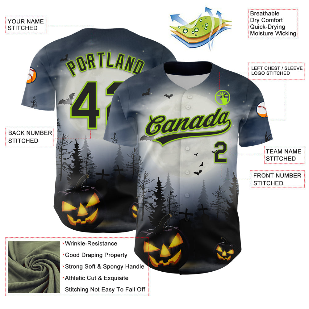 Custom Gray Black-Neon Green 3D Pattern Halloween Authentic Baseball Jersey baseball jersey product view 3