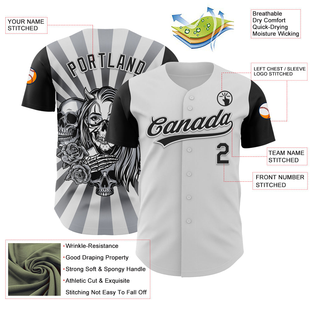 Custom White Black 3D Pattern Halloween Skull Authentic Baseball Jersey baseball jersey product view 3