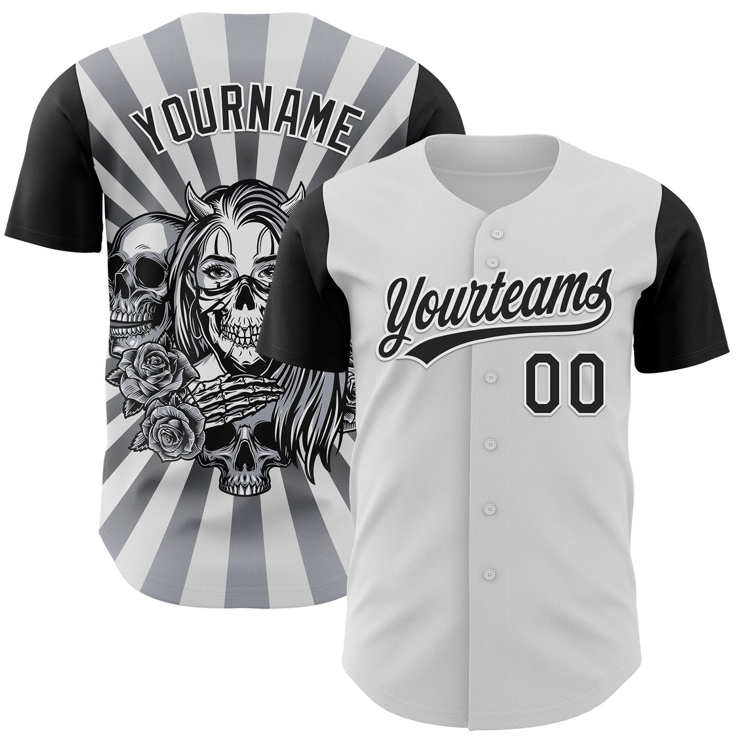 Custom White Black 3D Pattern Halloween Skull Authentic Baseball Jersey baseball jersey product view 1