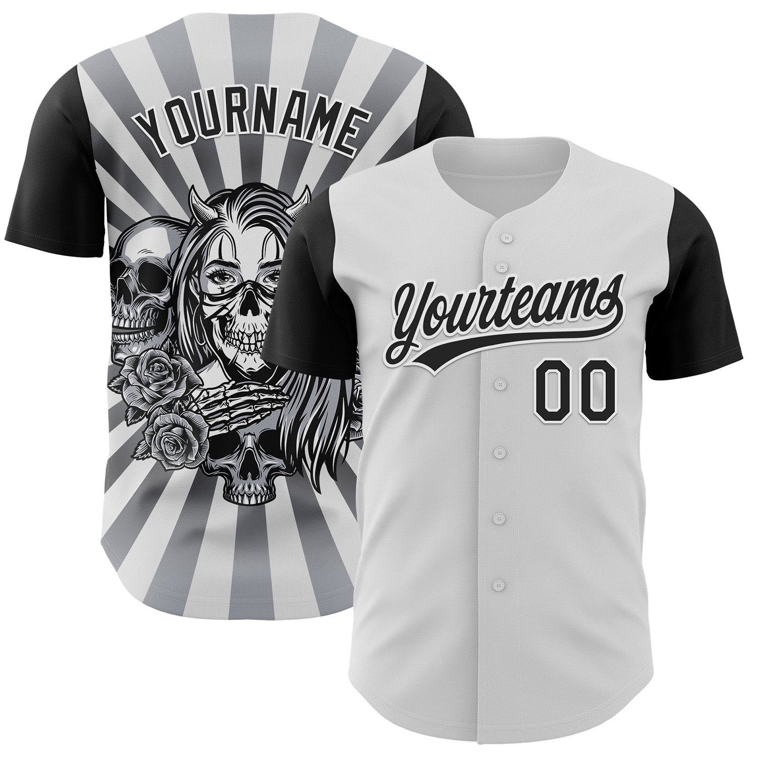 Custom White Black 3D Pattern Halloween Skull Authentic Baseball Jersey baseball jersey product view 1