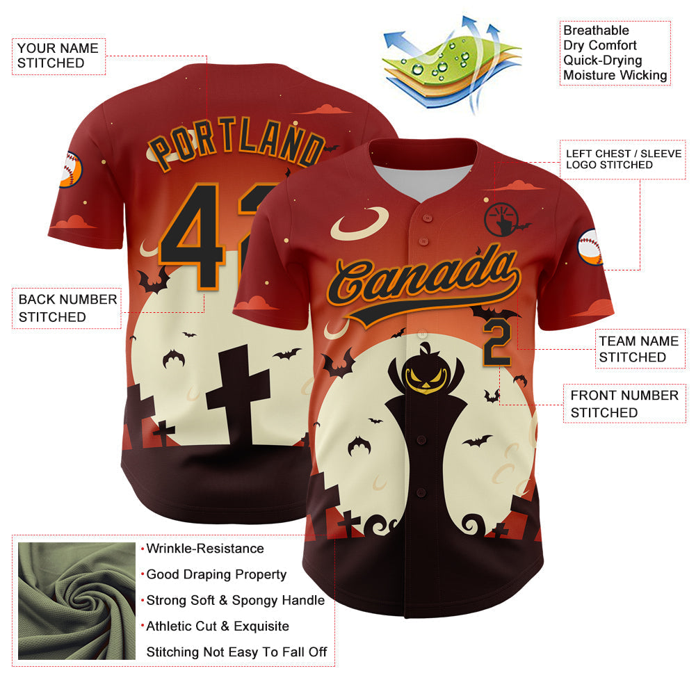 Custom Orange Black-Bay Orange 3D Pattern Halloween Authentic Baseball Jersey baseball jersey product view 3