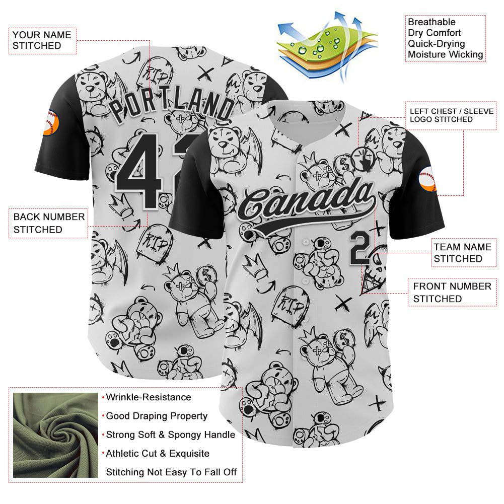 Custom White Black 3D Pattern Halloween Authentic Baseball Jersey baseball jersey product view 3