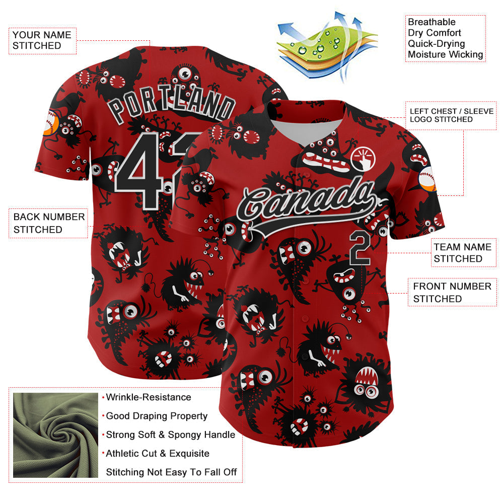 Custom Red Black-White 3D Pattern Halloween Authentic Baseball Jersey baseball jersey product view 3