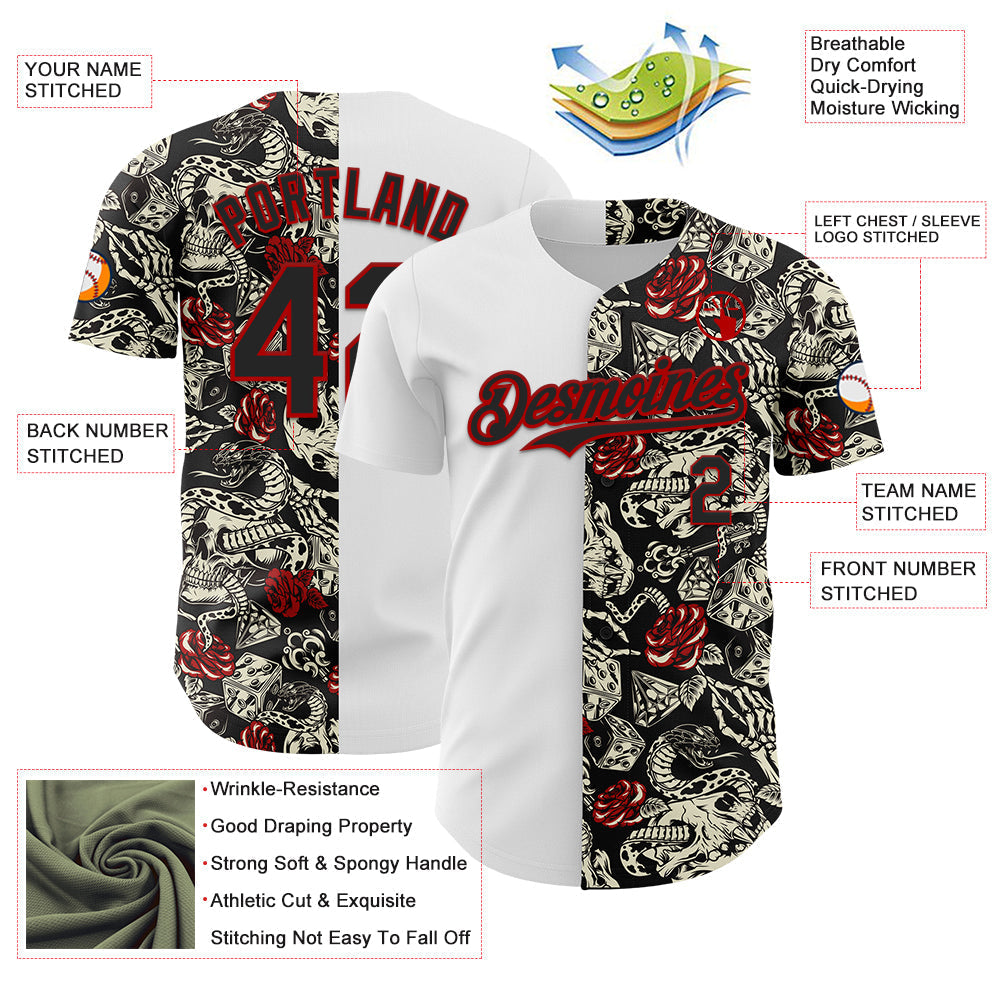 Custom White Black-Red 3D Pattern Design Vintage Tattoos Authentic Baseball Jersey baseball jersey product view 3
