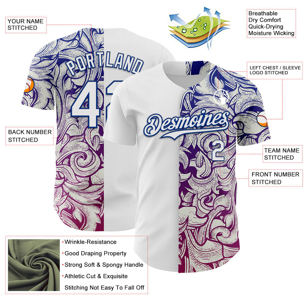 Custom White Royal 3D Pattern Design Vintage Tattoos Authentic Baseball Jersey baseball jersey product view 3