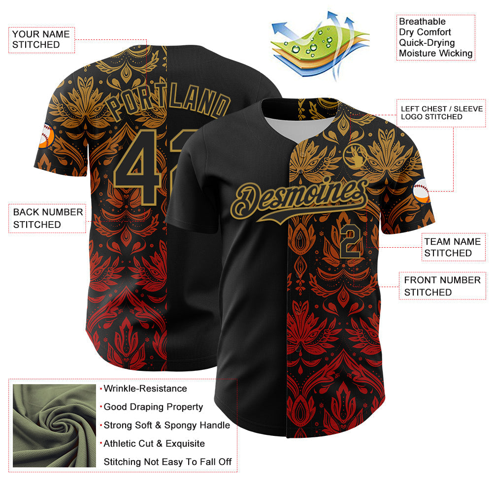 Custom Black Old Gold 3D Pattern Design Vintage Tattoos Authentic Baseball Jersey baseball jersey product view 3