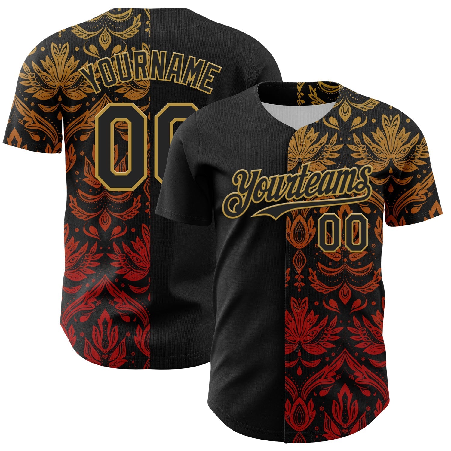 Custom Black Old Gold 3D Pattern Design Vintage Tattoos Authentic Baseball Jersey baseball jersey product view 1