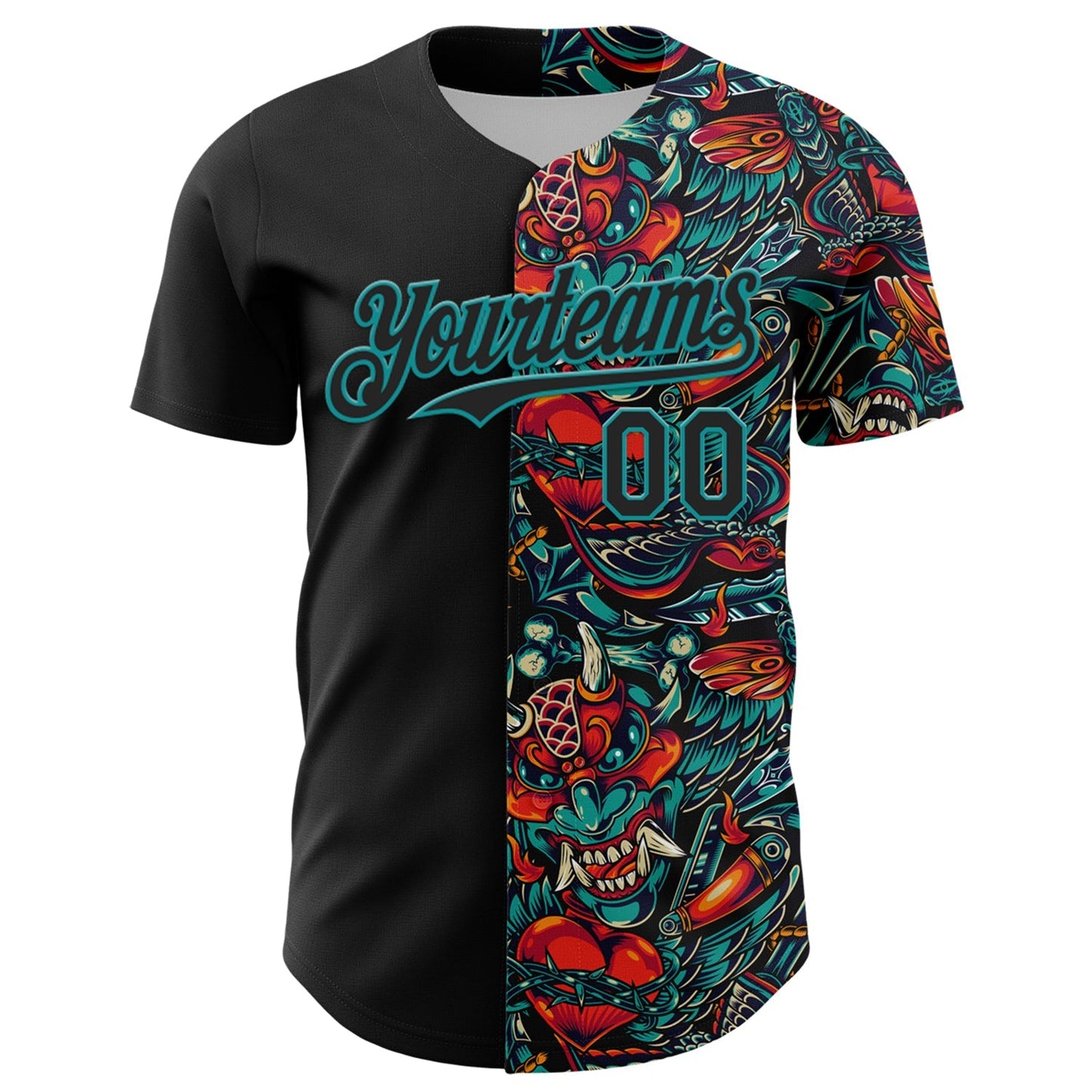 Custom Black Teal 3D Pattern Design Vintage Tattoos Authentic Baseball Jersey baseball jersey product view 2