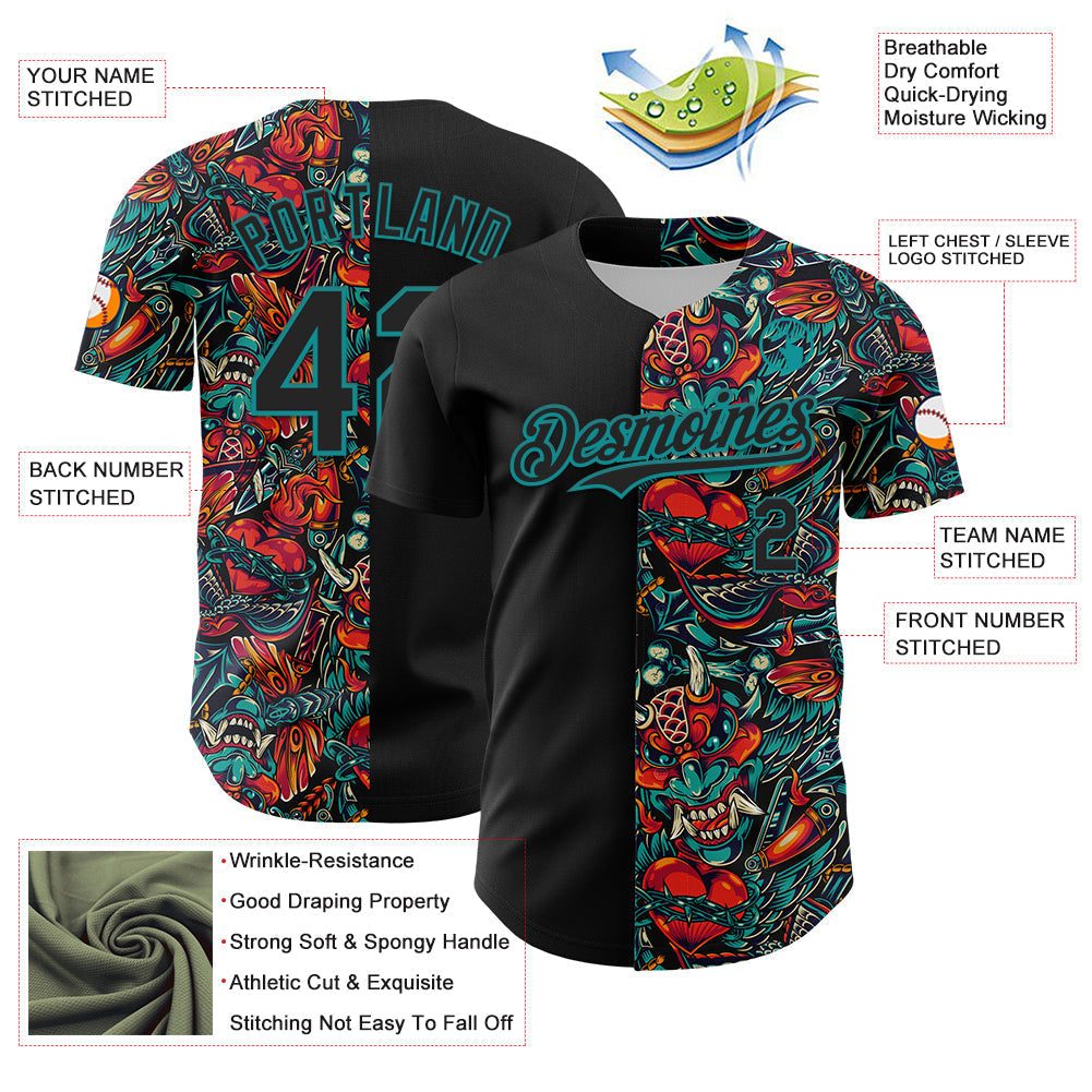 Custom Black Teal 3D Pattern Design Vintage Tattoos Authentic Baseball Jersey baseball jersey product view 3