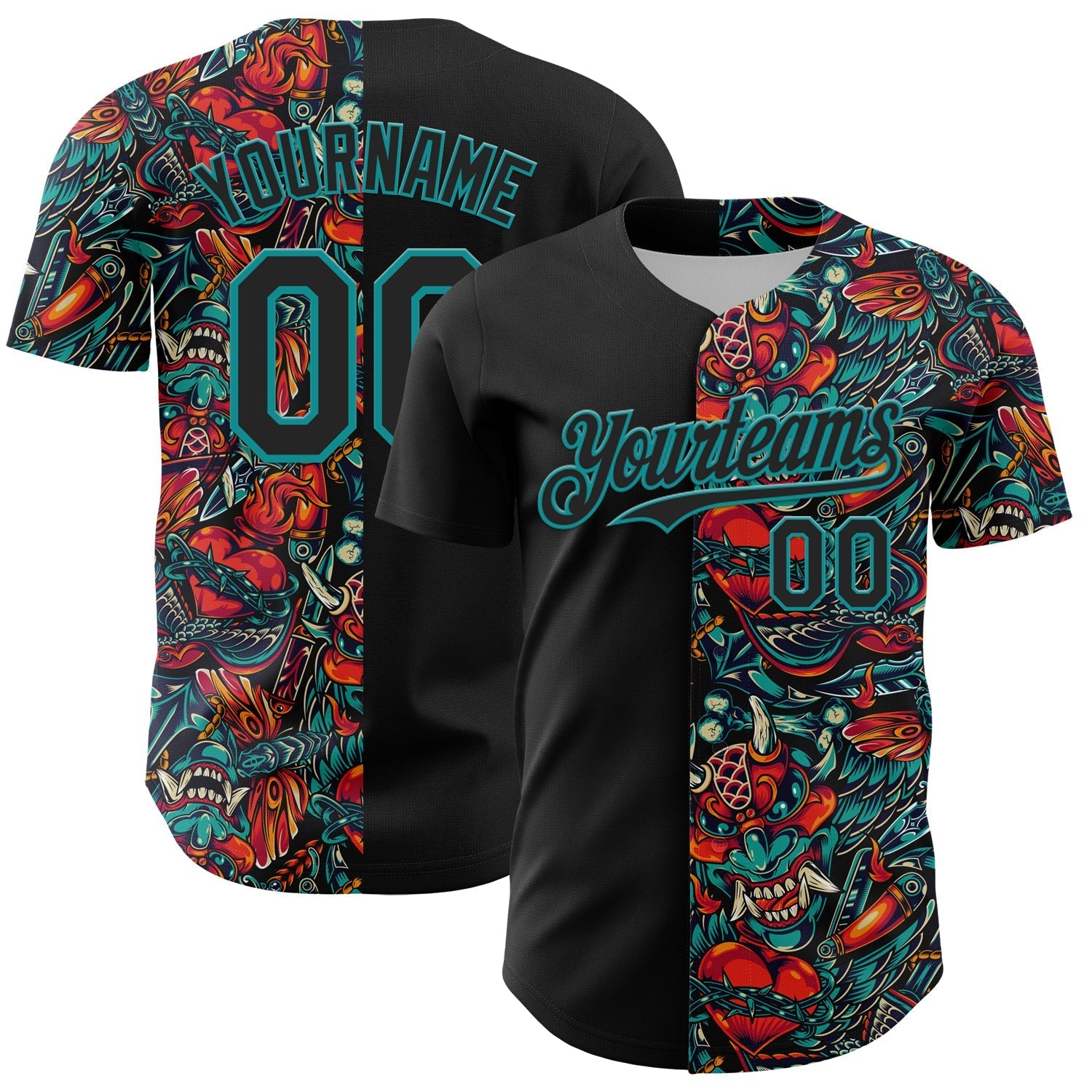 Custom Black Teal 3D Pattern Design Vintage Tattoos Authentic Baseball Jersey baseball jersey product view 1