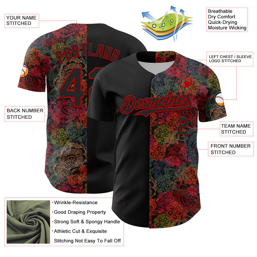 Custom Black Red 3D Pattern Design Vintage Tattoos Authentic Baseball Jersey baseball jersey product view 3