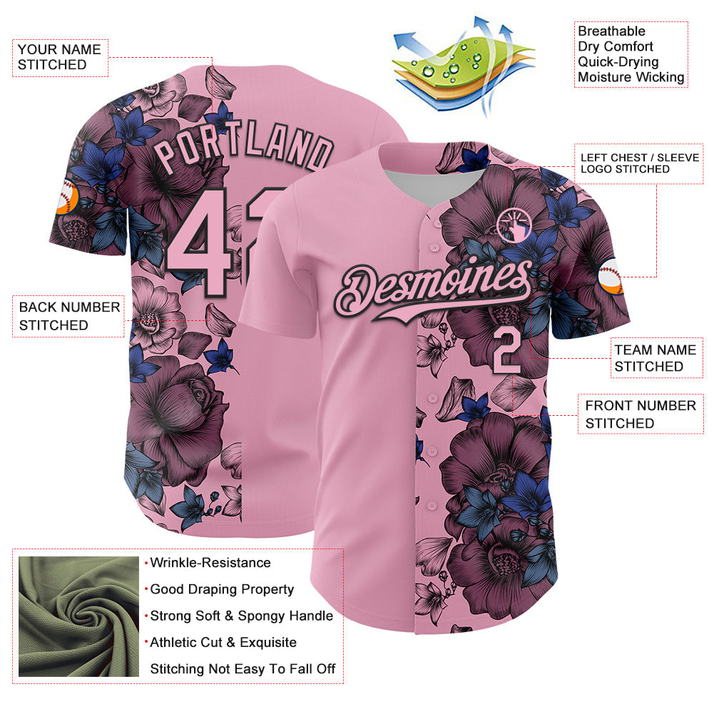 Custom Light Pink Black 3D Pattern Design Vintage Tattoos Authentic Baseball Jersey baseball jersey product view 3