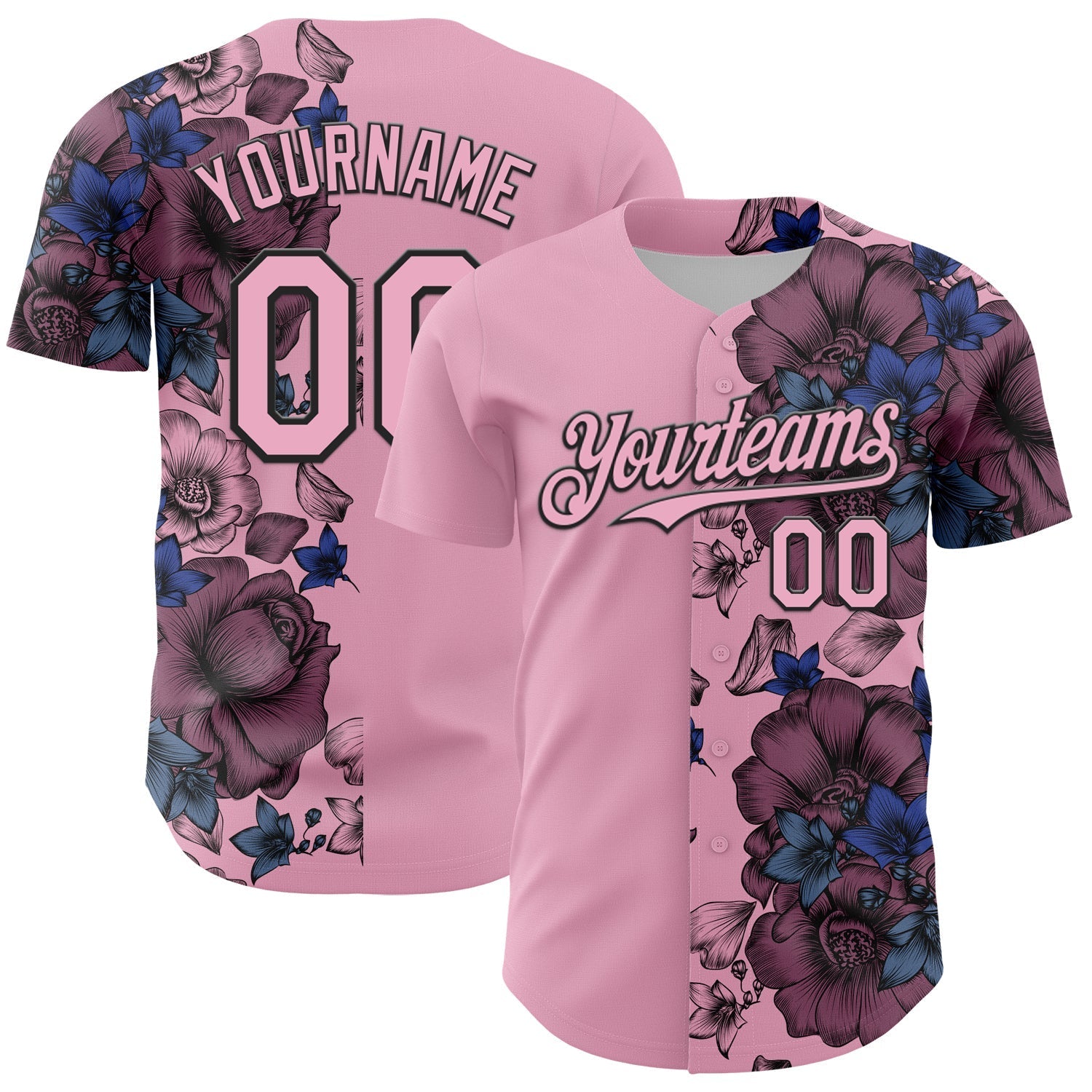 Custom Light Pink Black 3D Pattern Design Vintage Tattoos Authentic Baseball Jersey baseball jersey product view 1